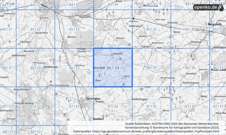 Übersichtskarte des KOSTRA-DWD-2020-Rasterfeldes Nr. 86134