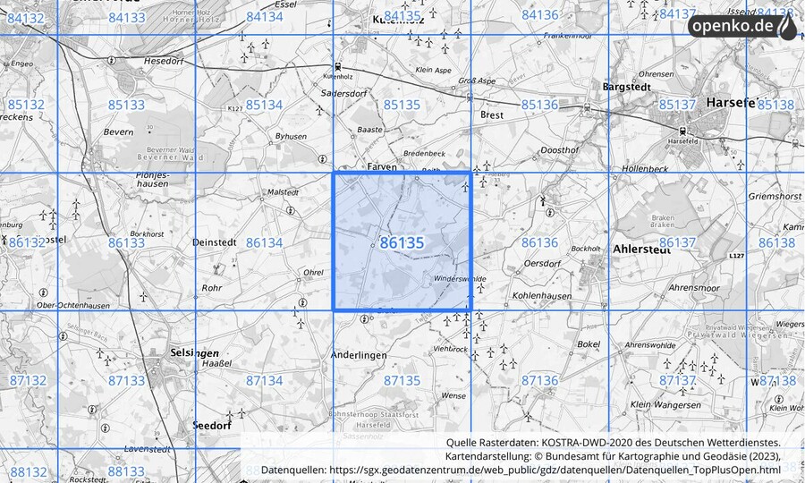 Übersichtskarte des KOSTRA-DWD-2020-Rasterfeldes Nr. 86135