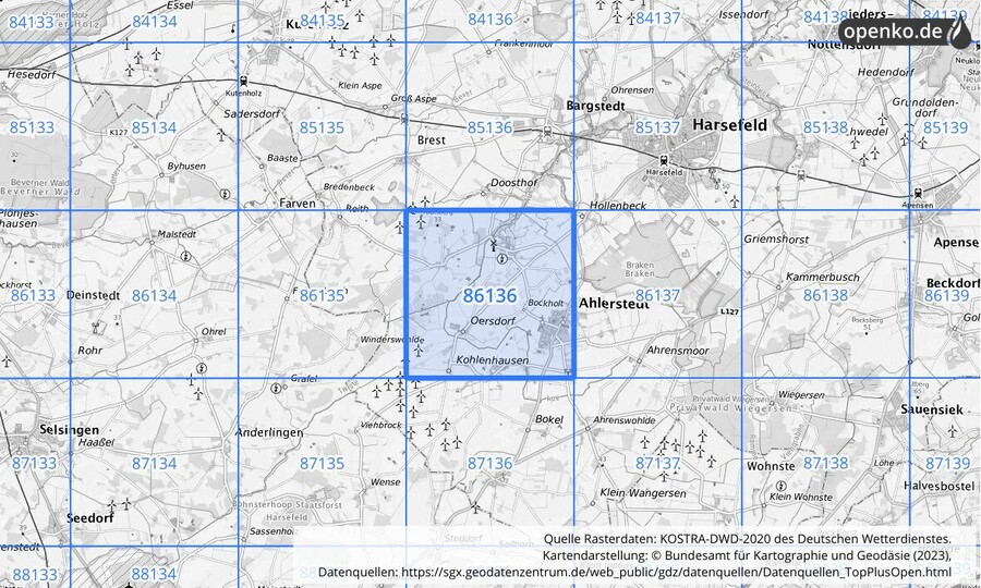 Übersichtskarte des KOSTRA-DWD-2020-Rasterfeldes Nr. 86136