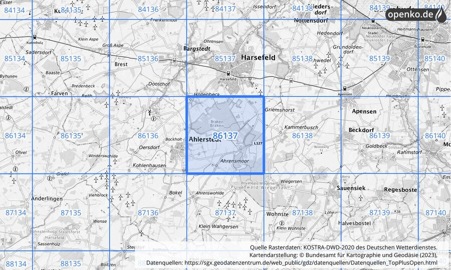 Übersichtskarte des KOSTRA-DWD-2020-Rasterfeldes Nr. 86137