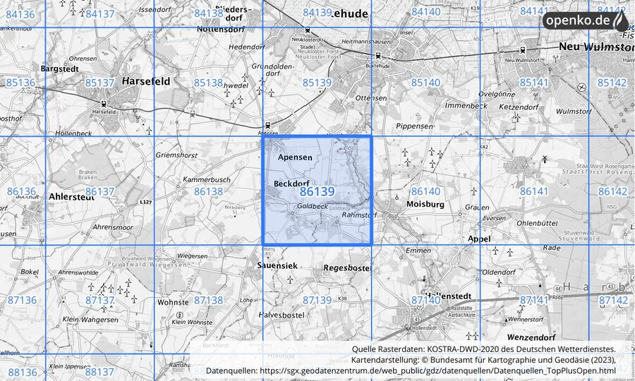 Übersichtskarte des KOSTRA-DWD-2020-Rasterfeldes Nr. 86139