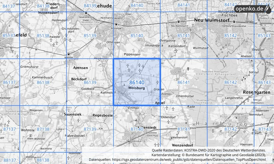 Übersichtskarte des KOSTRA-DWD-2020-Rasterfeldes Nr. 86140