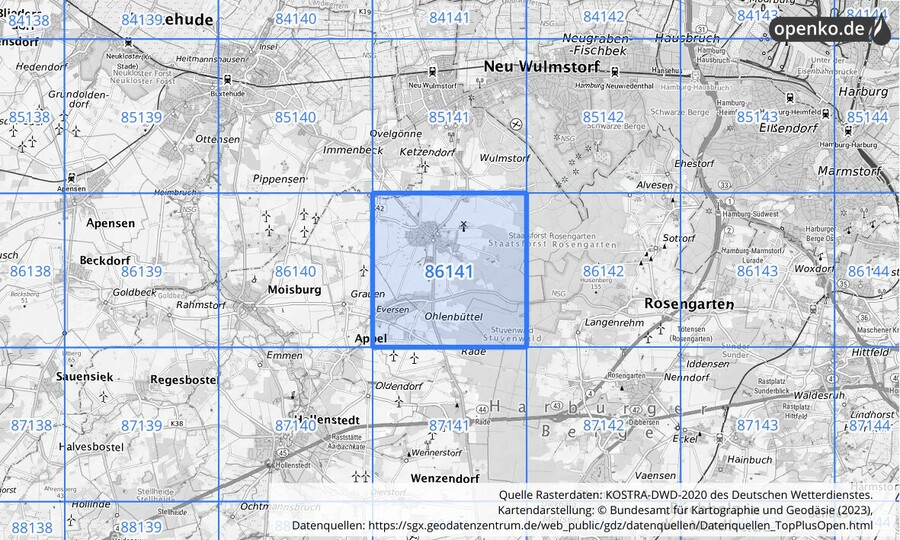 Übersichtskarte des KOSTRA-DWD-2020-Rasterfeldes Nr. 86141