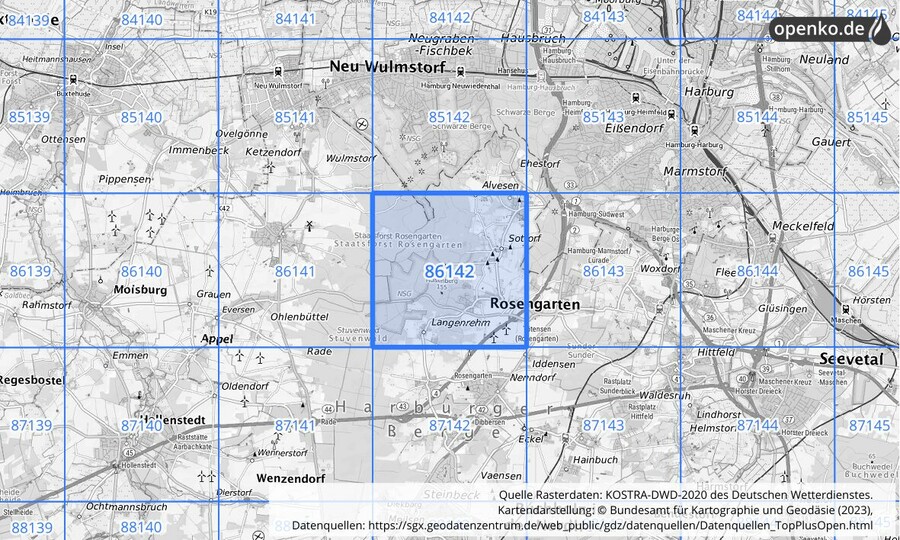 Übersichtskarte des KOSTRA-DWD-2020-Rasterfeldes Nr. 86142