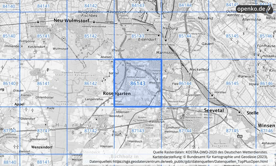 Übersichtskarte des KOSTRA-DWD-2020-Rasterfeldes Nr. 86143