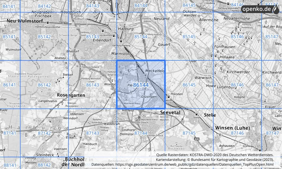 Übersichtskarte des KOSTRA-DWD-2020-Rasterfeldes Nr. 86144