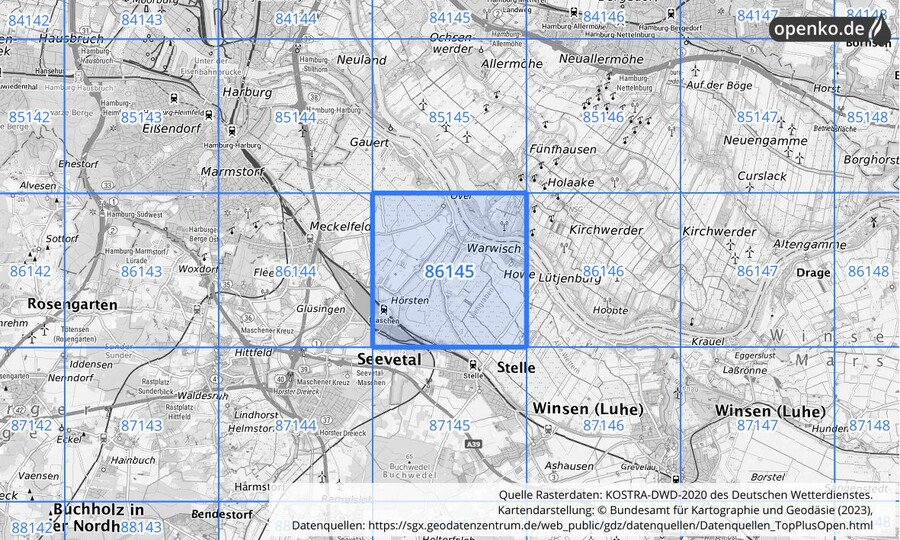 Übersichtskarte des KOSTRA-DWD-2020-Rasterfeldes Nr. 86145