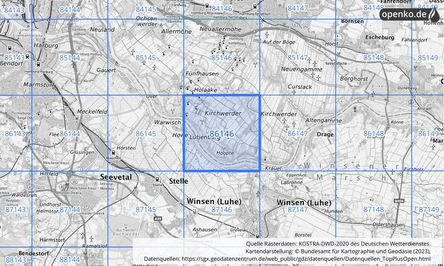 Übersichtskarte des KOSTRA-DWD-2020-Rasterfeldes Nr. 86146