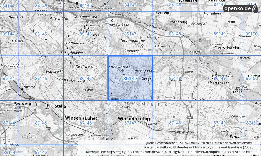 Übersichtskarte des KOSTRA-DWD-2020-Rasterfeldes Nr. 86147