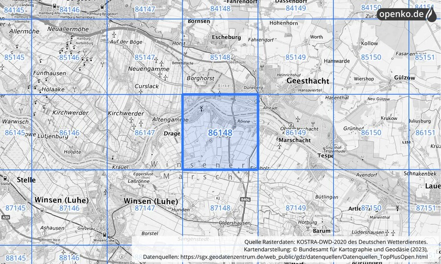 Übersichtskarte des KOSTRA-DWD-2020-Rasterfeldes Nr. 86148