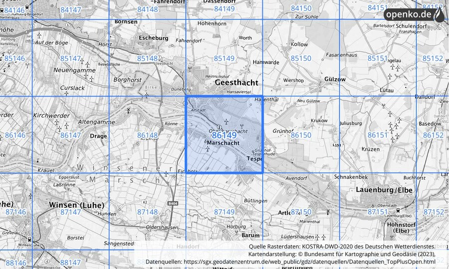 Übersichtskarte des KOSTRA-DWD-2020-Rasterfeldes Nr. 86149