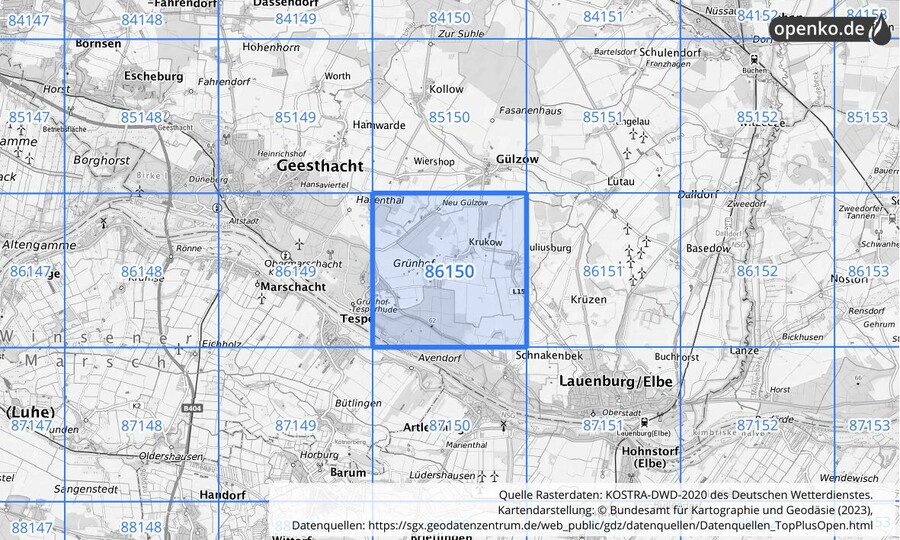 Übersichtskarte des KOSTRA-DWD-2020-Rasterfeldes Nr. 86150