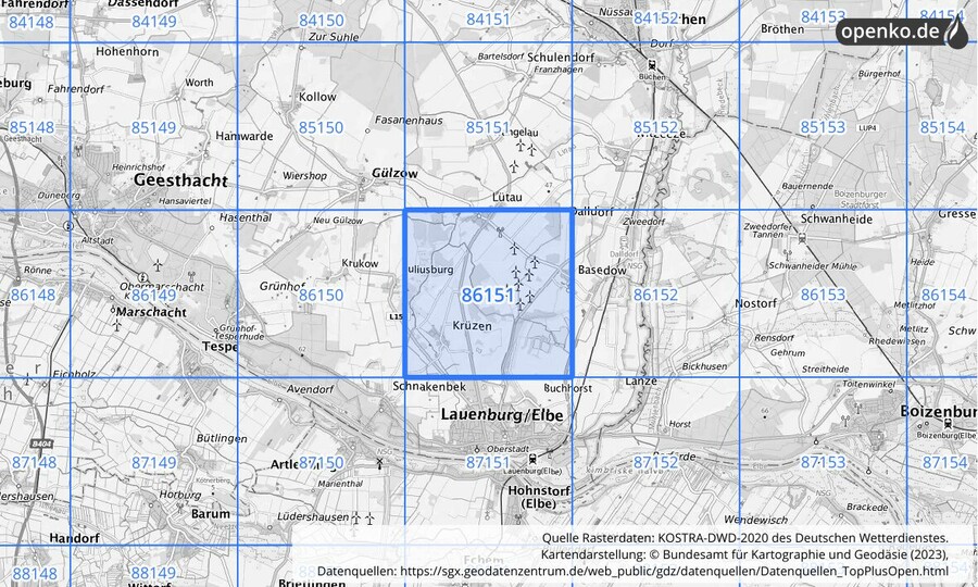 Übersichtskarte des KOSTRA-DWD-2020-Rasterfeldes Nr. 86151