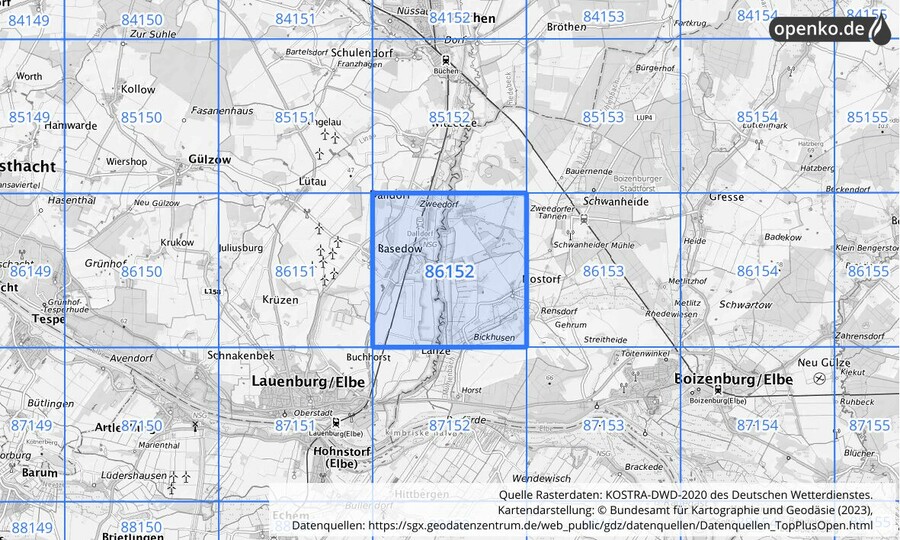 Übersichtskarte des KOSTRA-DWD-2020-Rasterfeldes Nr. 86152