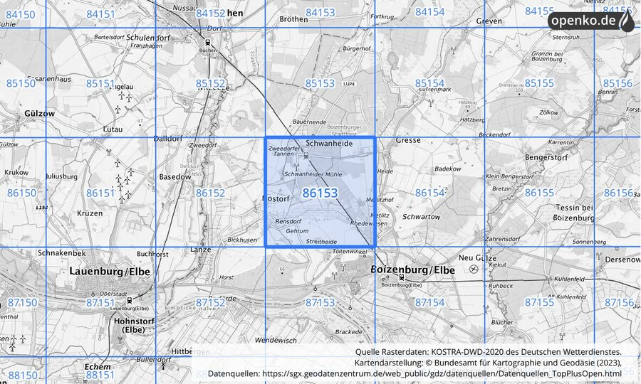 Übersichtskarte des KOSTRA-DWD-2020-Rasterfeldes Nr. 86153