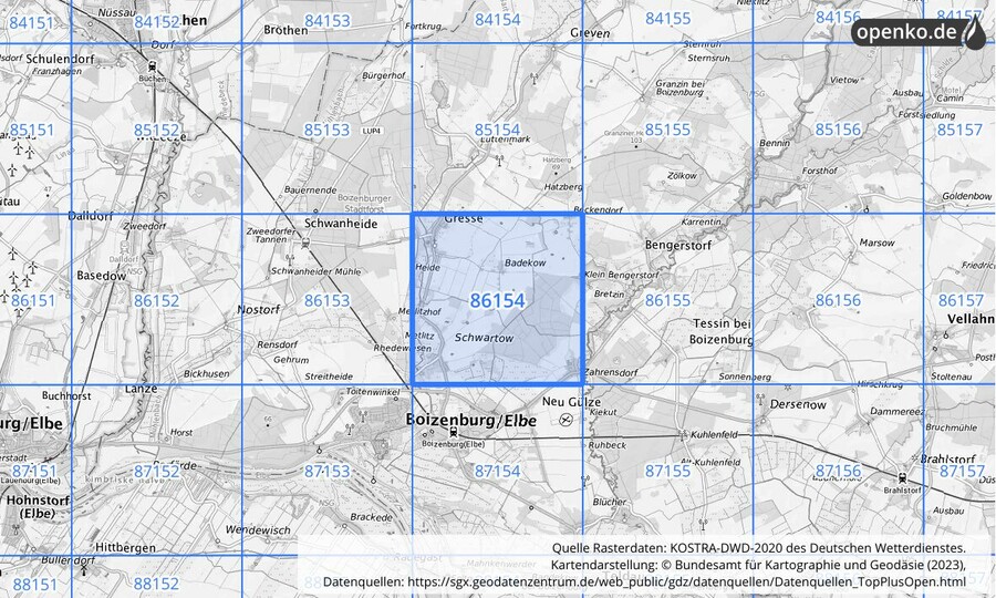 Übersichtskarte des KOSTRA-DWD-2020-Rasterfeldes Nr. 86154