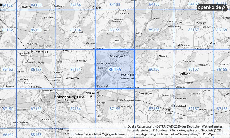 Übersichtskarte des KOSTRA-DWD-2020-Rasterfeldes Nr. 86155