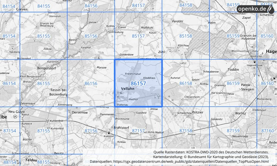 Übersichtskarte des KOSTRA-DWD-2020-Rasterfeldes Nr. 86157