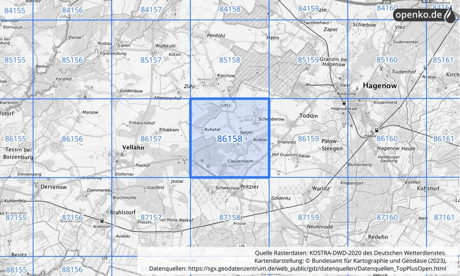 Übersichtskarte des KOSTRA-DWD-2020-Rasterfeldes Nr. 86158