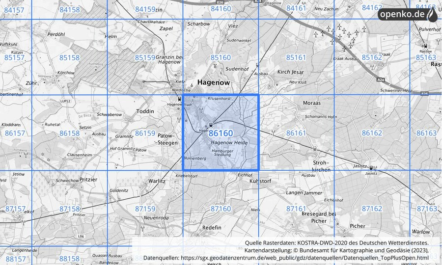 Übersichtskarte des KOSTRA-DWD-2020-Rasterfeldes Nr. 86160