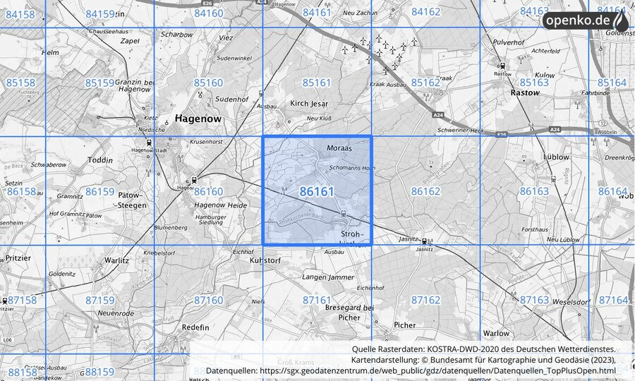 Übersichtskarte des KOSTRA-DWD-2020-Rasterfeldes Nr. 86161