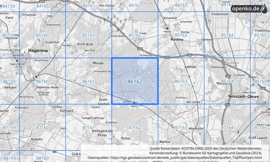 Übersichtskarte des KOSTRA-DWD-2020-Rasterfeldes Nr. 86162