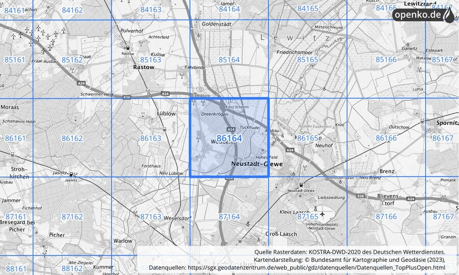 Übersichtskarte des KOSTRA-DWD-2020-Rasterfeldes Nr. 86164