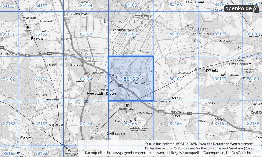 Übersichtskarte des KOSTRA-DWD-2020-Rasterfeldes Nr. 86165