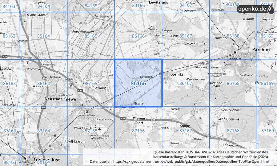 Übersichtskarte des KOSTRA-DWD-2020-Rasterfeldes Nr. 86166