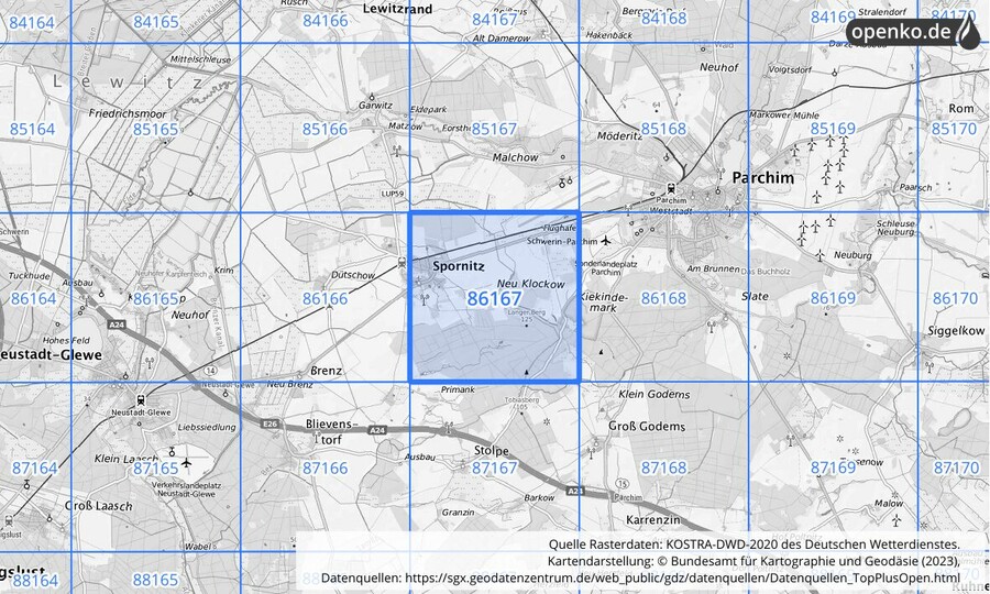 Übersichtskarte des KOSTRA-DWD-2020-Rasterfeldes Nr. 86167