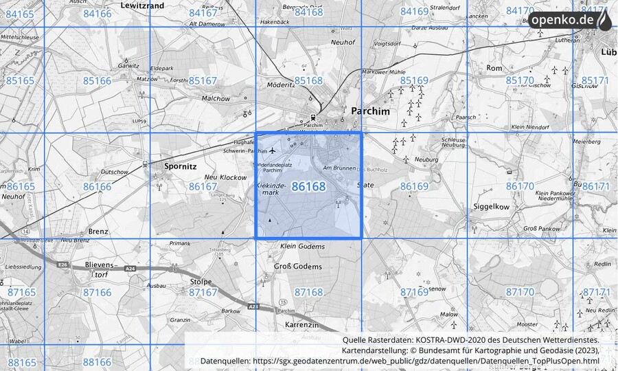 Übersichtskarte des KOSTRA-DWD-2020-Rasterfeldes Nr. 86168