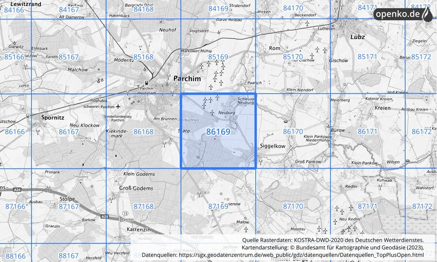 Übersichtskarte des KOSTRA-DWD-2020-Rasterfeldes Nr. 86169