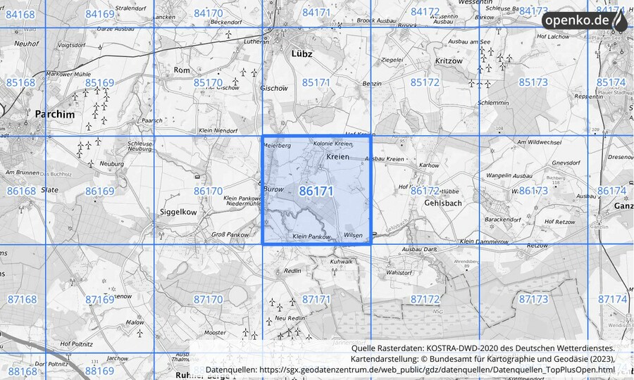 Übersichtskarte des KOSTRA-DWD-2020-Rasterfeldes Nr. 86171