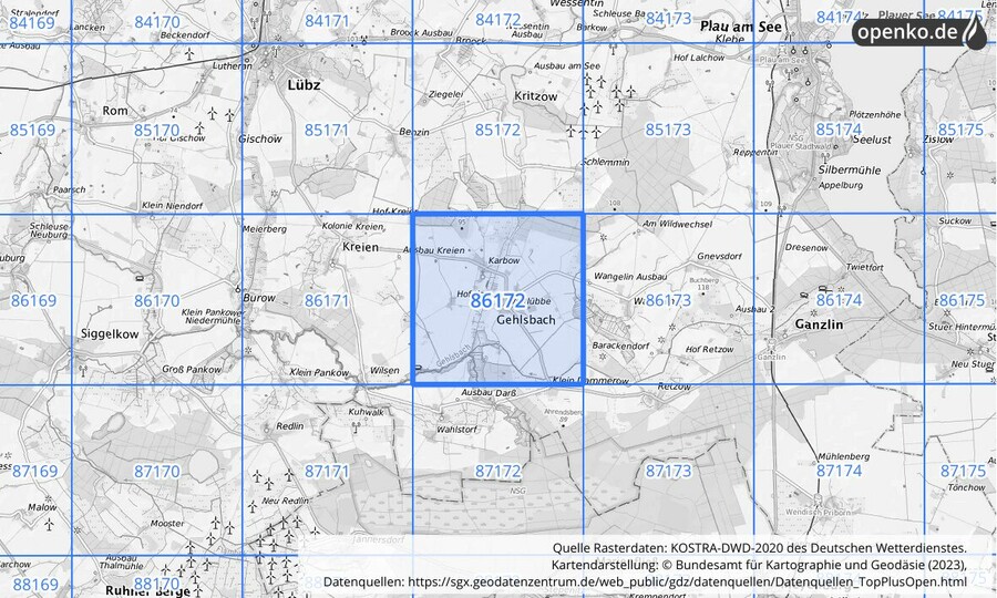 Übersichtskarte des KOSTRA-DWD-2020-Rasterfeldes Nr. 86172