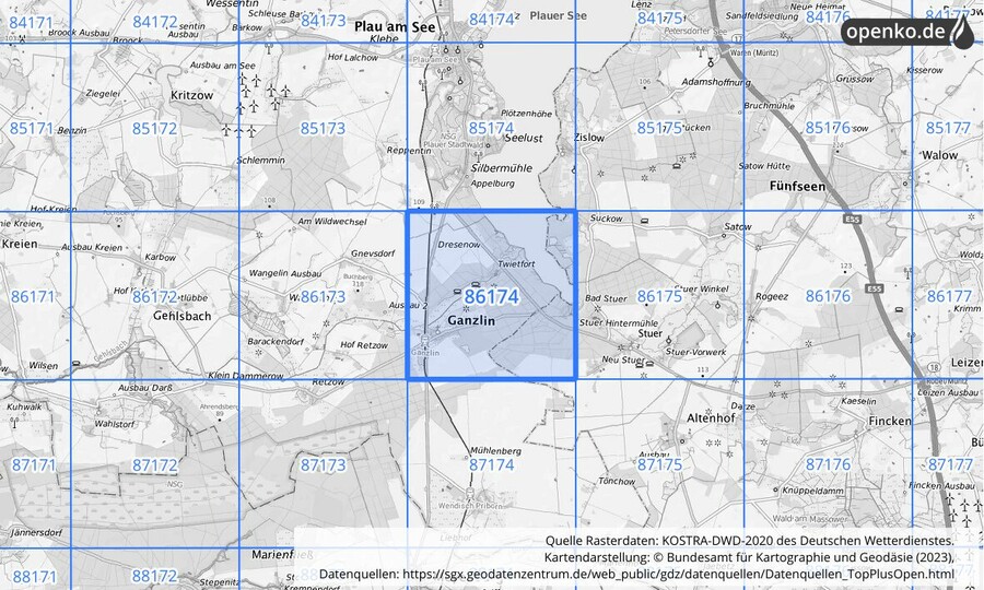 Übersichtskarte des KOSTRA-DWD-2020-Rasterfeldes Nr. 86174