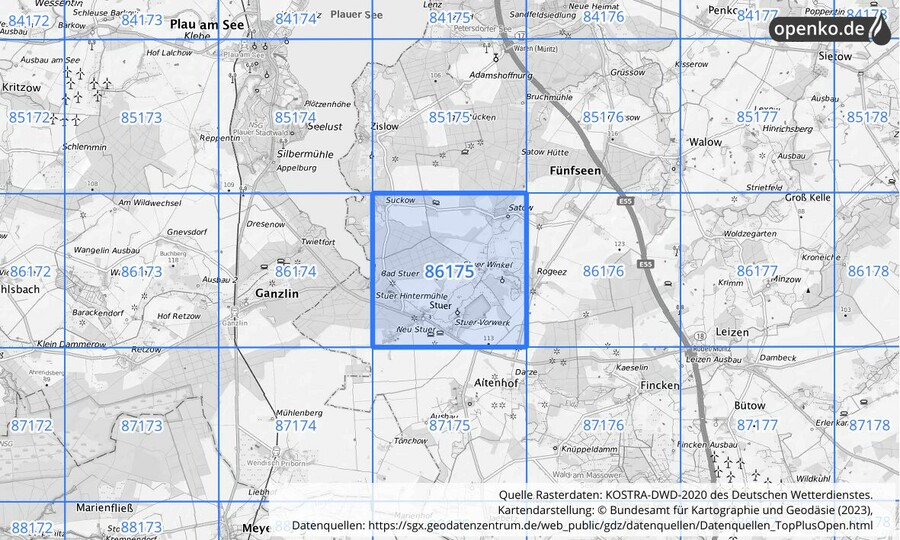 Übersichtskarte des KOSTRA-DWD-2020-Rasterfeldes Nr. 86175