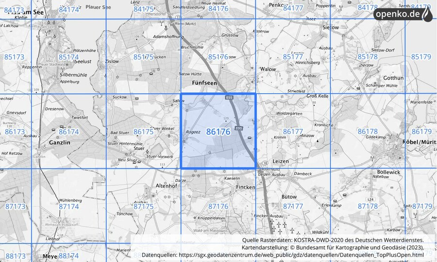 Übersichtskarte des KOSTRA-DWD-2020-Rasterfeldes Nr. 86176