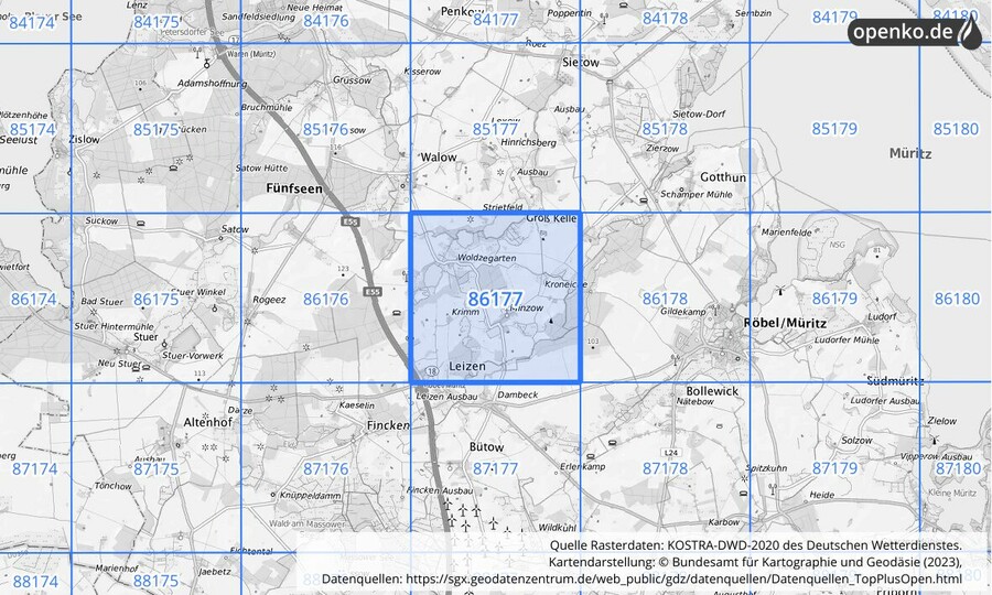 Übersichtskarte des KOSTRA-DWD-2020-Rasterfeldes Nr. 86177