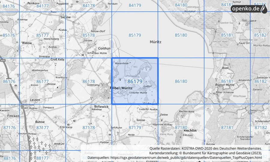 Übersichtskarte des KOSTRA-DWD-2020-Rasterfeldes Nr. 86179