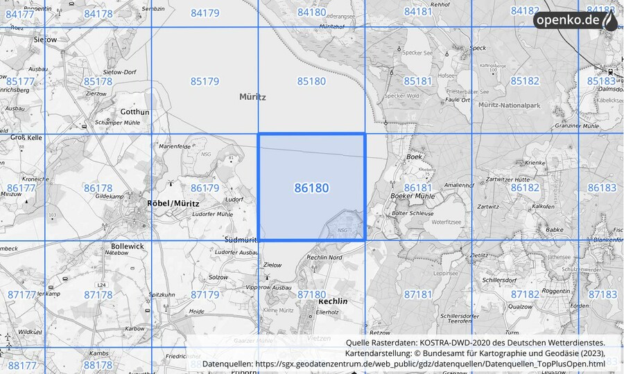 Übersichtskarte des KOSTRA-DWD-2020-Rasterfeldes Nr. 86180