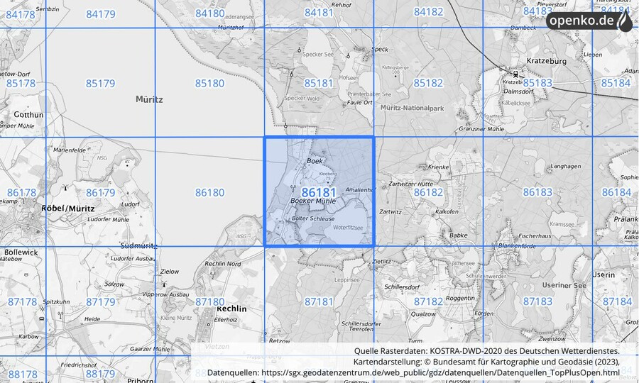 Übersichtskarte des KOSTRA-DWD-2020-Rasterfeldes Nr. 86181