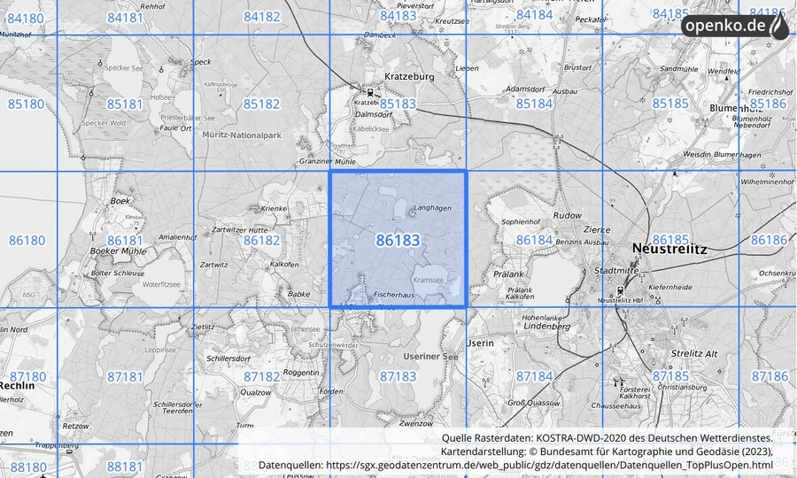 Übersichtskarte des KOSTRA-DWD-2020-Rasterfeldes Nr. 86183