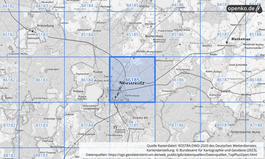 Übersichtskarte des KOSTRA-DWD-2020-Rasterfeldes Nr. 86185