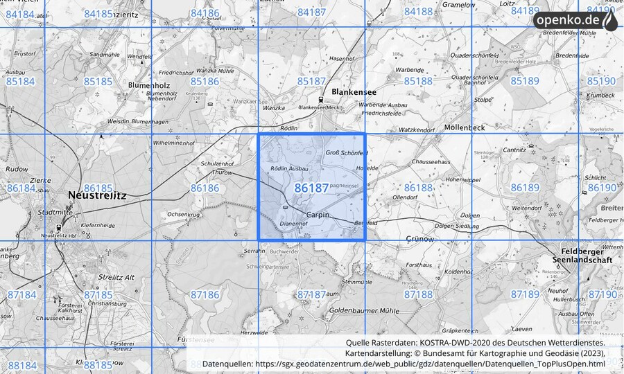 Übersichtskarte des KOSTRA-DWD-2020-Rasterfeldes Nr. 86187