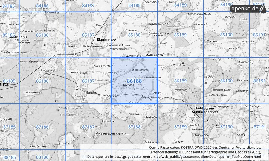 Übersichtskarte des KOSTRA-DWD-2020-Rasterfeldes Nr. 86188