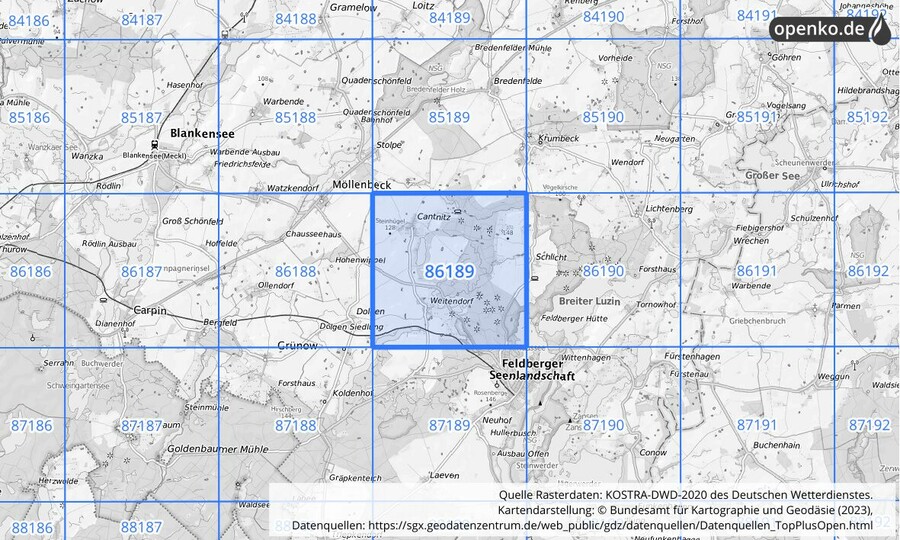 Übersichtskarte des KOSTRA-DWD-2020-Rasterfeldes Nr. 86189