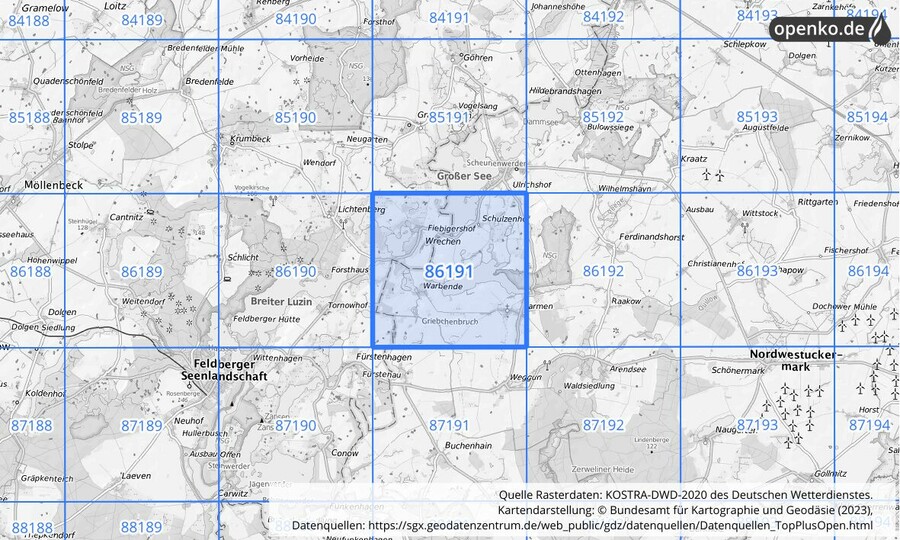 Übersichtskarte des KOSTRA-DWD-2020-Rasterfeldes Nr. 86191