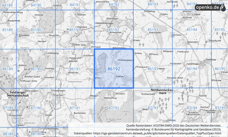 Übersichtskarte des KOSTRA-DWD-2020-Rasterfeldes Nr. 86192