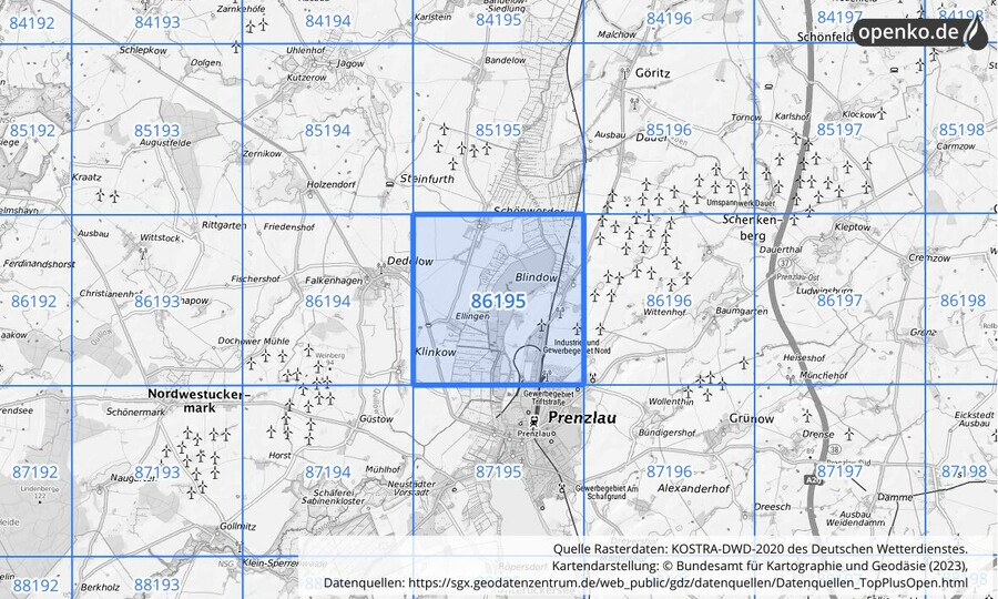 Übersichtskarte des KOSTRA-DWD-2020-Rasterfeldes Nr. 86195