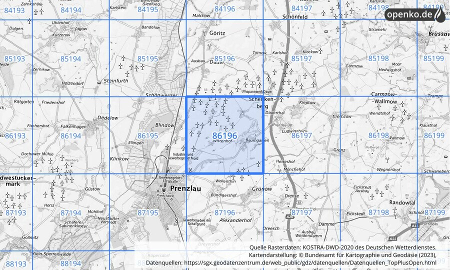 Übersichtskarte des KOSTRA-DWD-2020-Rasterfeldes Nr. 86196